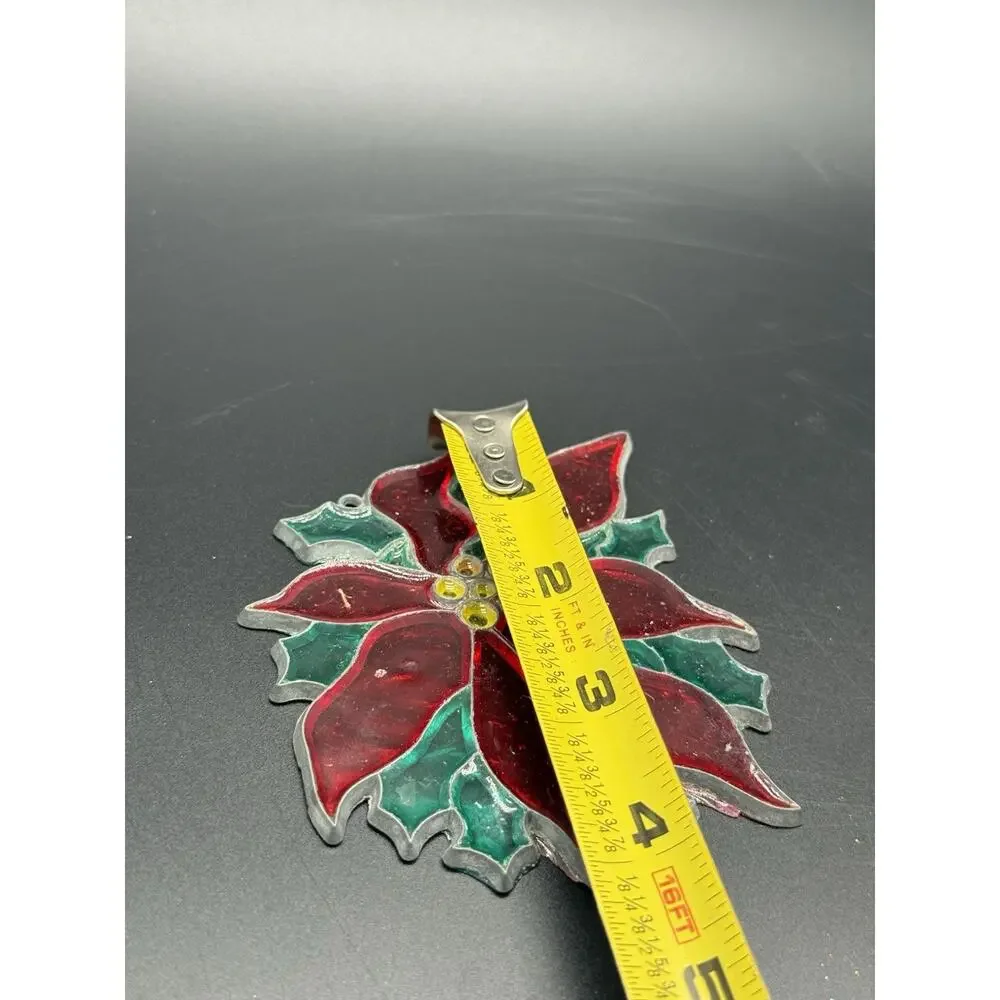 Stained Glass Sun Catcher Poinsettia Red And Green Christmas Vintage
